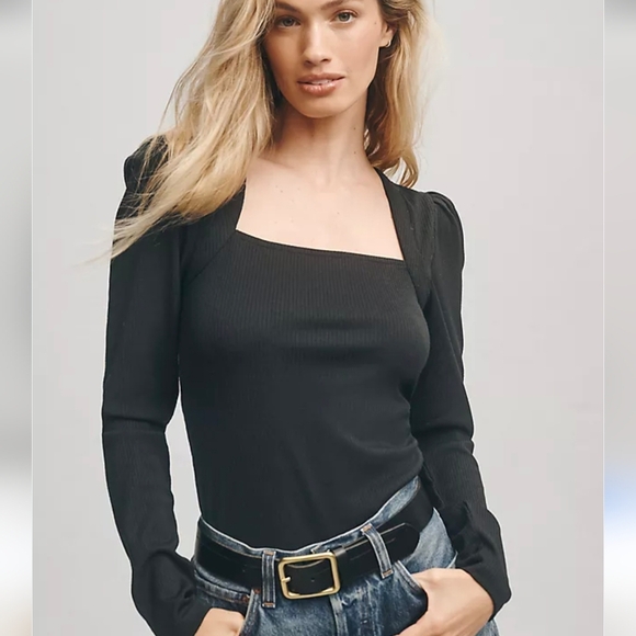 Long Sleeve Sibyl Top In Black Rib Knit With Puff Sleeves Size M - Picture 9 of 16